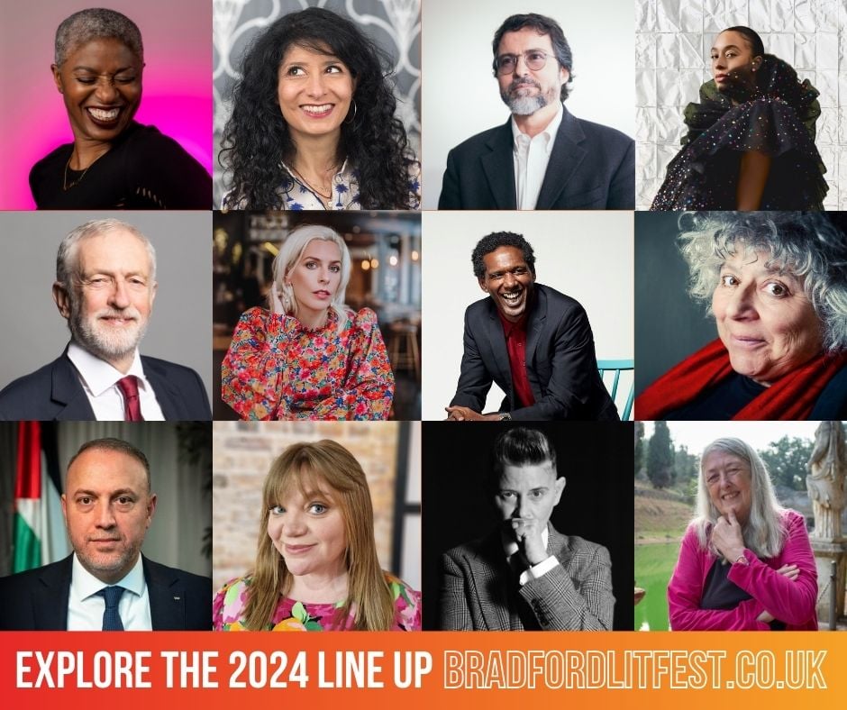 A grid of the headliners of BLF 2024, including Shaparak Khorsandi, Shaykh Hamza Yusuf, Corinne Bailey Rae, Jeremy Corbyn, Sara Pascoe, Lemn Sissay, Miriam Margolyes, Kate Bottley and Mary Beard.